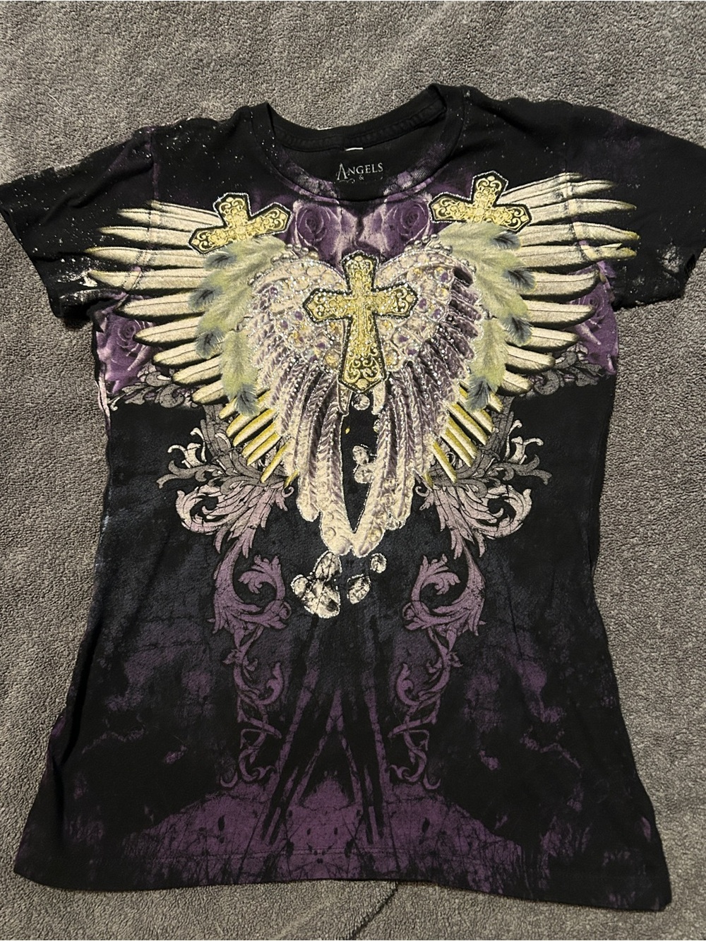 Angels & Diamonds Black Purple Winged Cross Tee Y2K
